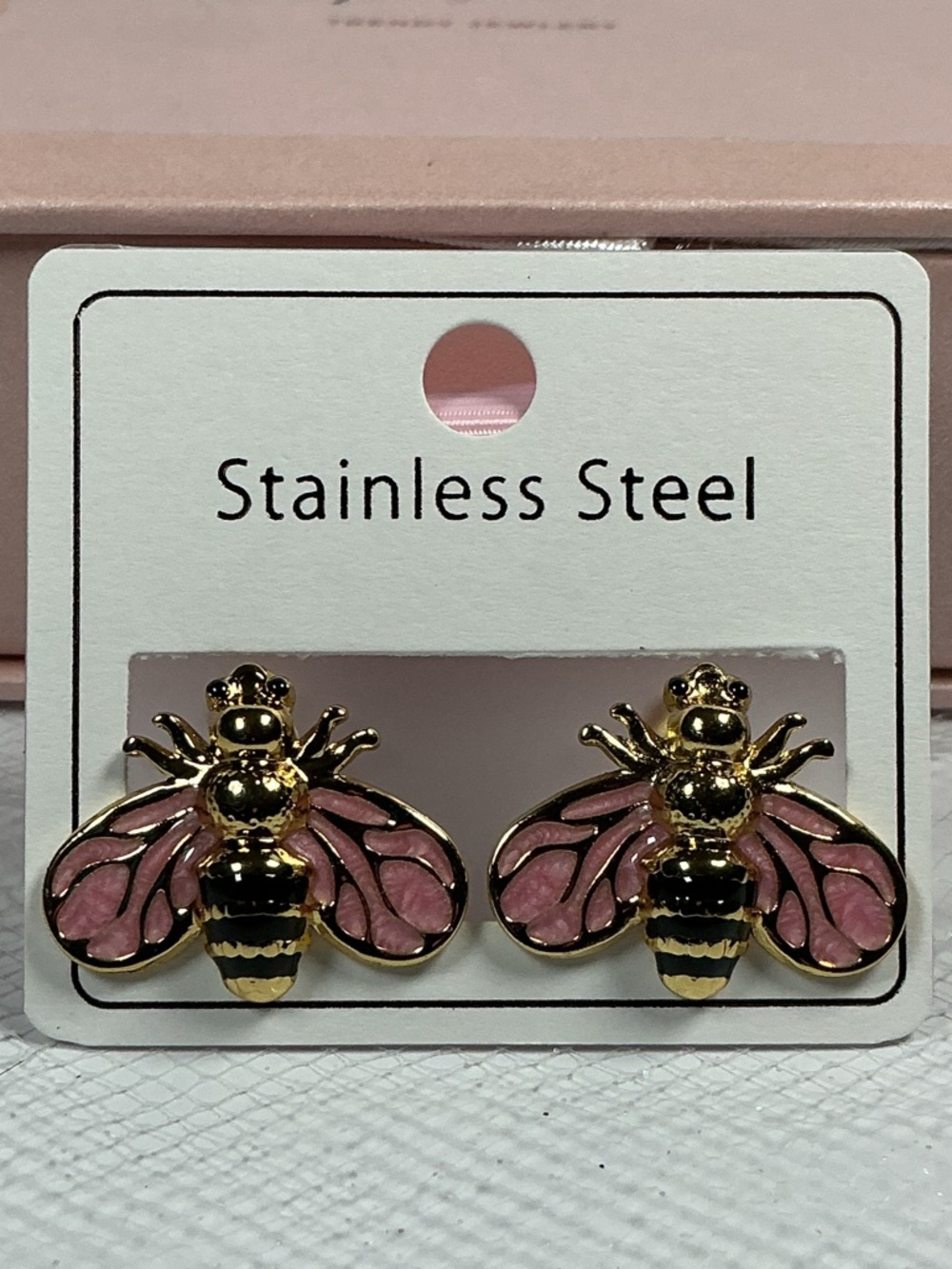 Pink & Black Bee Earrings Hand Painted Enamel Hypoallergenic Post Drop Goldtone - Picture 14 of 16